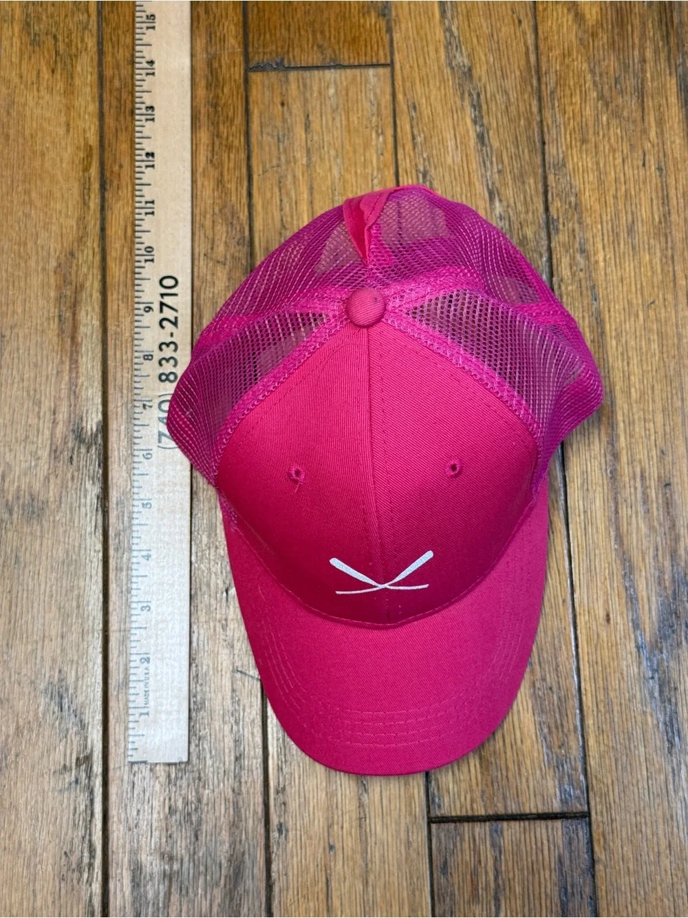 Bright Pink Trucker Hat with White Oars and pony tail hole